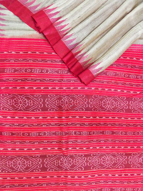 Tussor Silk Red Anchal Design Saree