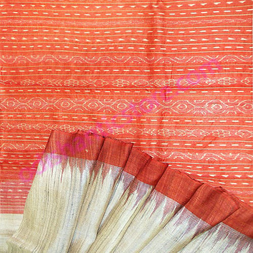 Tussor Ghichha Silk Saree Cream Colour And Orange Anchal