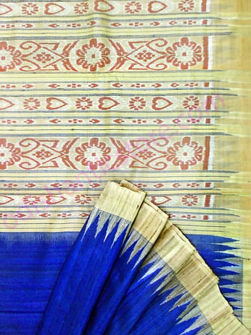 Tussor Ghicha Silk Saree Blue Colour And Yellow Anchal